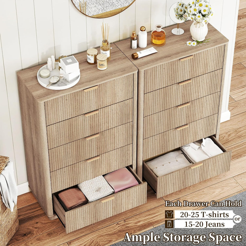 Dresser and Nightstand Sets 3 Piece, Bedroom Set with Charging Station, Large 5 Drawer Dresser for Bedroom and Night Stand Set of 2, Mid Century Modern Bedroom Furniture Set with Motion Sensor Lights