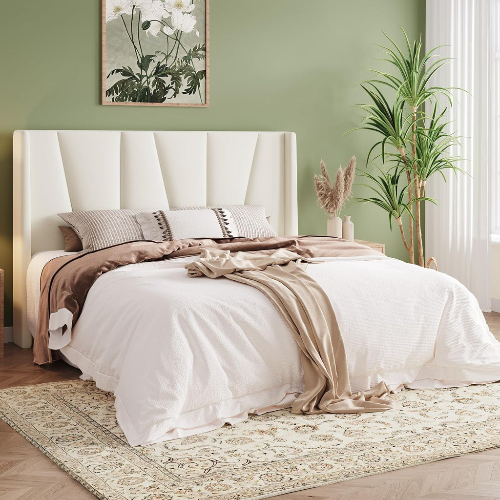 Allewie Queen Size Platform Velvet Bed Frame with Geometric Wingback Headboard, Boho Upholstered Bed with Wooden Slats Support, No Box Spring Needed, Easy Assembly, Cream