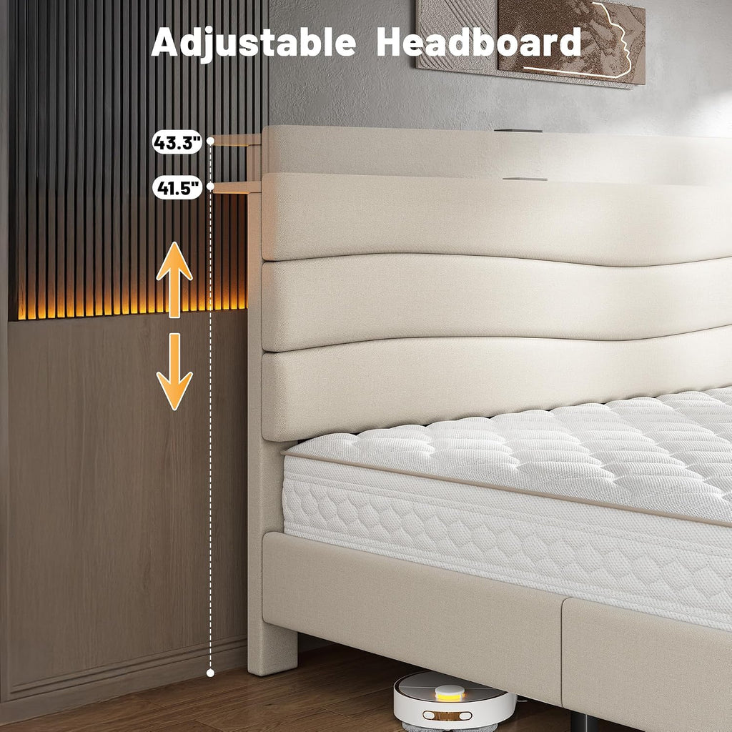 EnHomee Twin Size Bed Frame with Adjustable Height Upholstered Headboard, 3 USB Charging Ports, Noise-Free Platform Bed, No Box Spring Needed, Beige