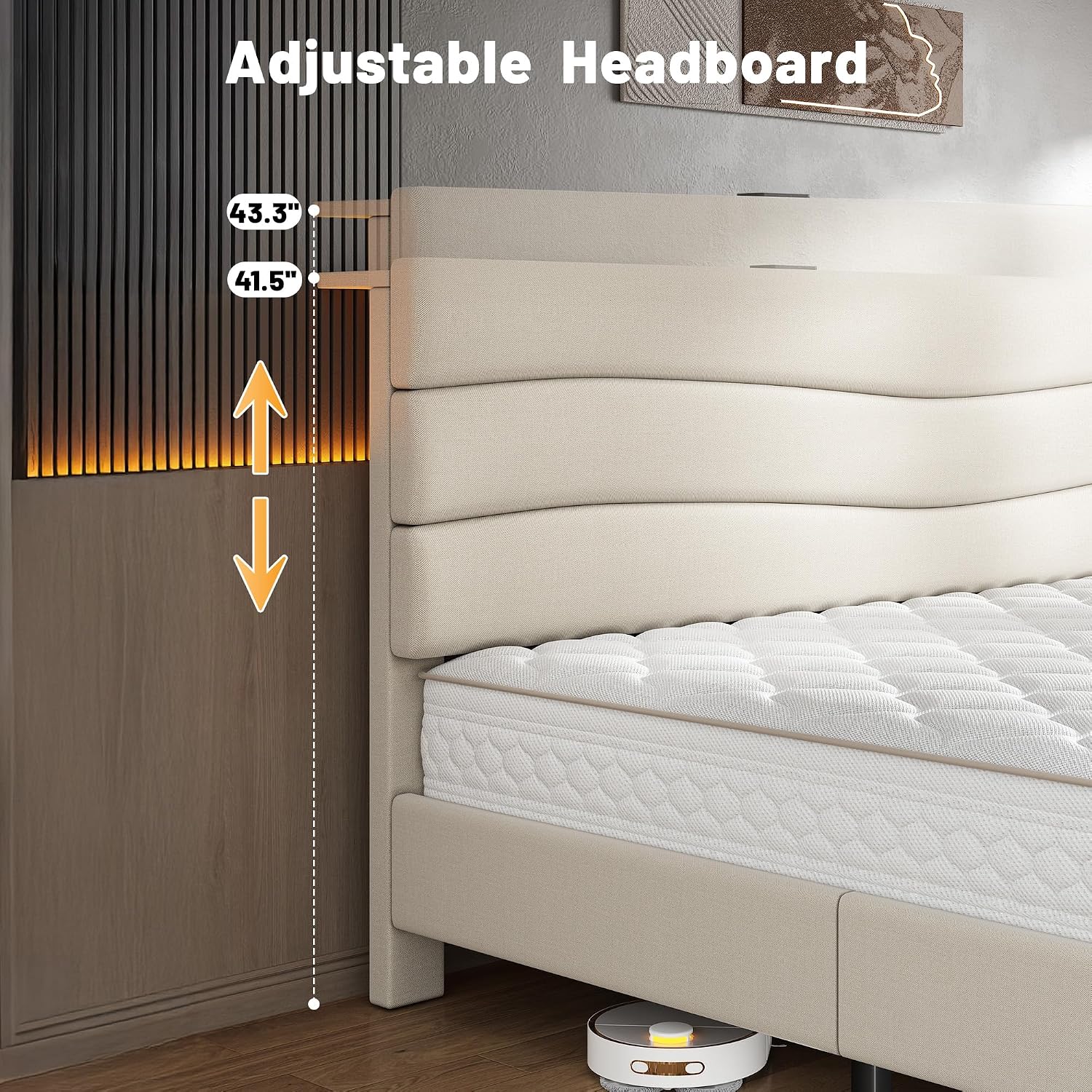 EnHomee Twin Size Bed Frame with Adjustable Height Upholstered Headboard, 3 USB Charging Ports, Noise-Free Platform Bed, No Box Spring Needed, Beige