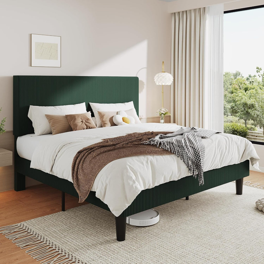 Allewie King Size Upholstered Bed Frame with Vertical Channel Tufted Headboard, Soft Corduroy Fabric Platform Bed, Strong Wooden Slats Support, Easy Assembly, No Box Spring Needed, Dark Green