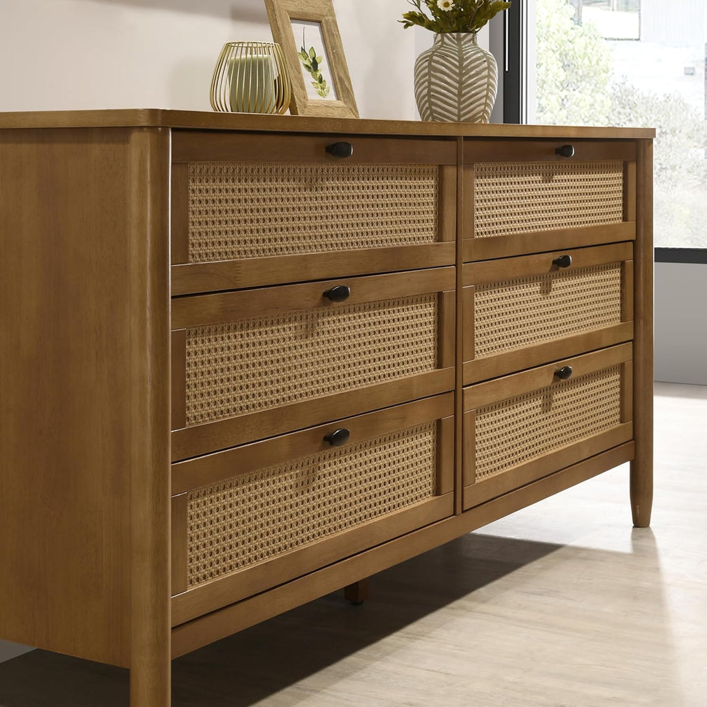 Roundhill Furniture Vichy 5-Piece Rubberwood Bedroom Set with Textured Polyester Upholstered Queen Bed, Chest, Dresser, Mirror, and 2 Nightstands