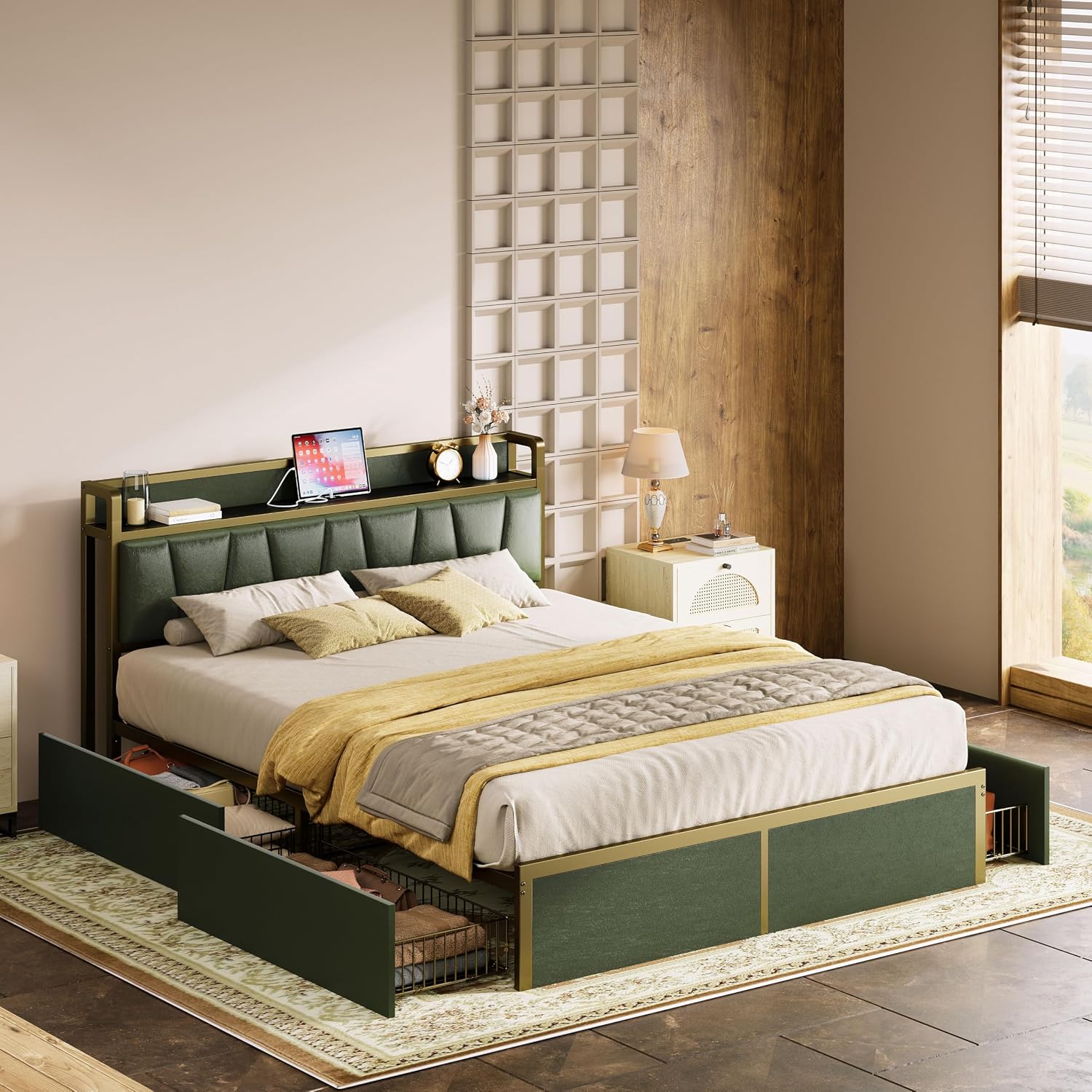 LIKIMIO Queen Bed Frame with 4 Storage Drawers, Platform Bed with Charged Headboard, Sturdy and Stable, No Noise, No Box Spring Needed, Easy to Install, Dark Green