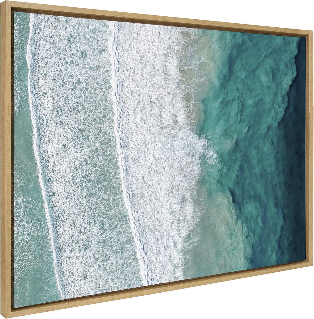 Kate and Laurel Sylvie Ocean Waves by the Bay Framed Canvas Wall Art by The Creative Bunch Studio; 28x38 Natural; Ocean Coastal Landscape Wall Décor