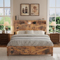 Farmhouse Wooden Bed Frame Queen Size with Storage Headboard, Boho Platform Bedframe with LED Lights and Charging Station, Metal Slats Support, No Box Spring Needed, Brown