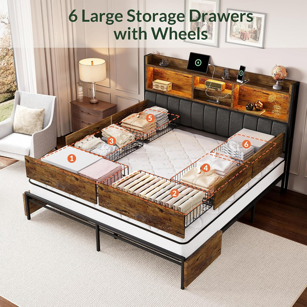 LARMACE King Bed Frame with 6 Storage Drawers, Bed Frame King Size with Linen Upholstered Headboard, Built in Charging Station and LED, No Noise, Metal Support, No Box Spring Needed,Vintage Brown