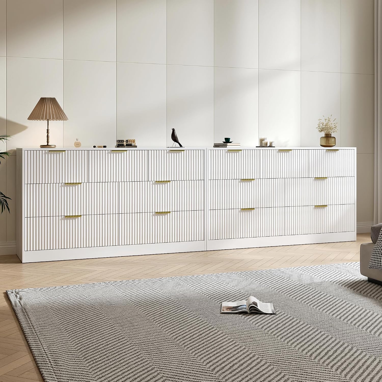 White Dresser Set of 2, Long Dresser for Bedroom Wooden with 14 Drawers, Fluted Modern Bedroom Furniture Set, TV Stand Dressers & Chests of Drawers for Closet (15.7'D x 110.2'W x 31.8'H)