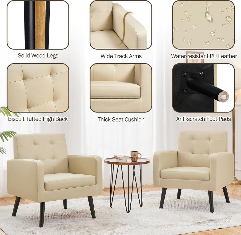 Yaheetech Mid-Century Accent Chairs, PU Leather Modern Upholstered Living Room Chair, Cozy Armchair Button Tufted Back and Wood Legs for Bedroom/Office/Cafe Beige 2PCS