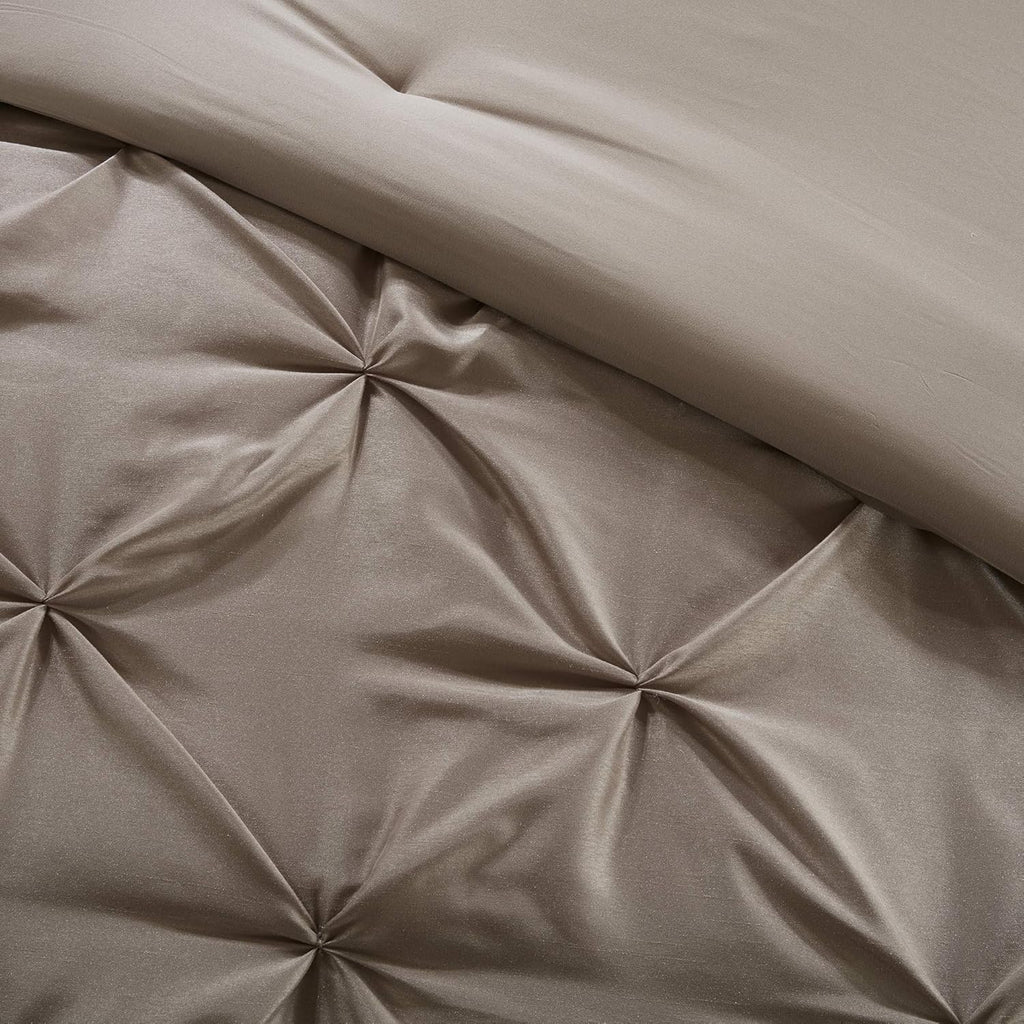 Madison Park Essentials Room in a Bag Faux Silk Comforter Set - Luxe Diamond Tufting All Season Bedding, Matching Curtains, Decorative Pillows, Taupe Cal King(104'x92') 24 Piece