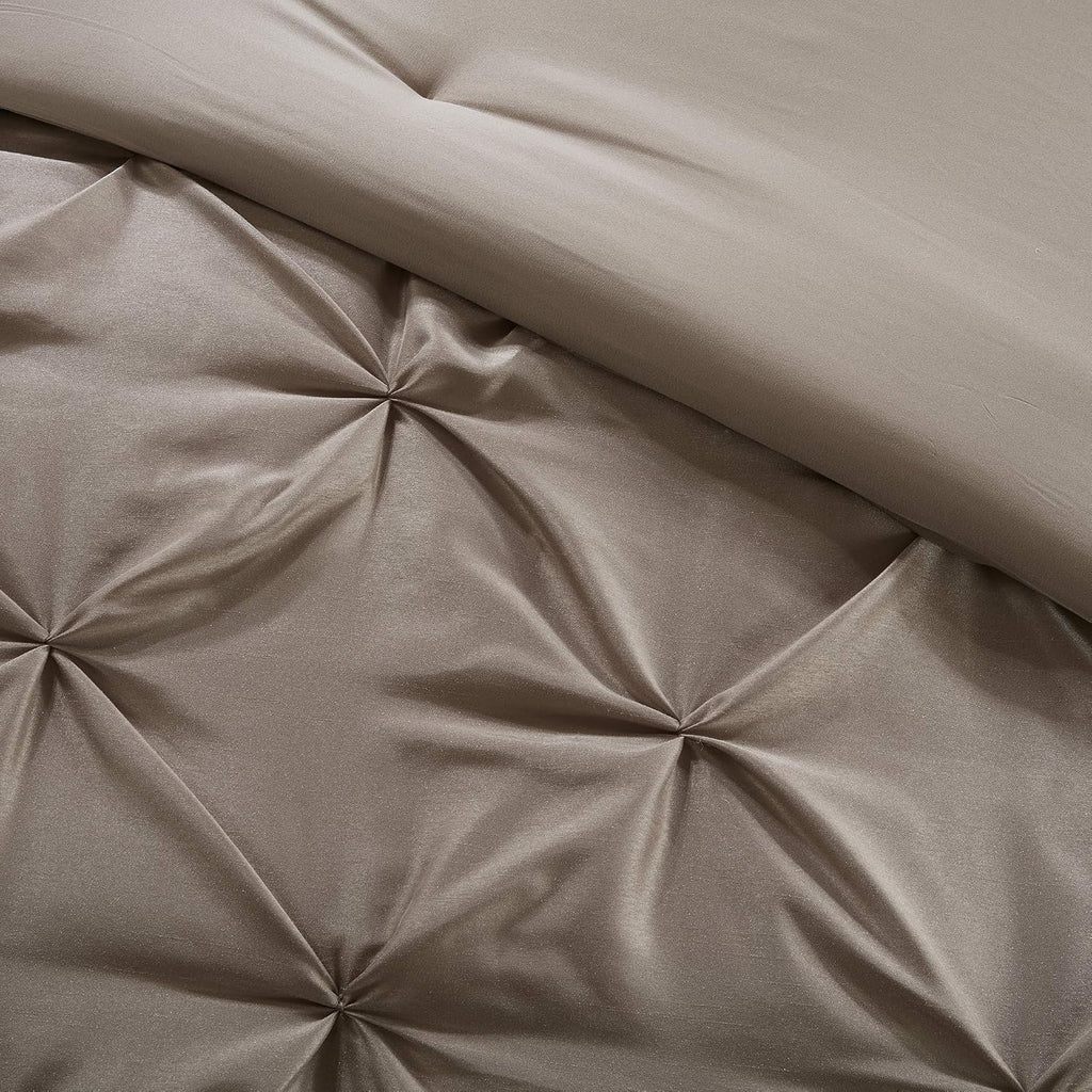 Madison Park Essentials Room in a Bag Faux Silk Comforter Set - Luxe Diamond Tufting All Season Bedding, Matching Curtains, Decorative Pillows, Taupe Queen(90'x90') 24 Piece