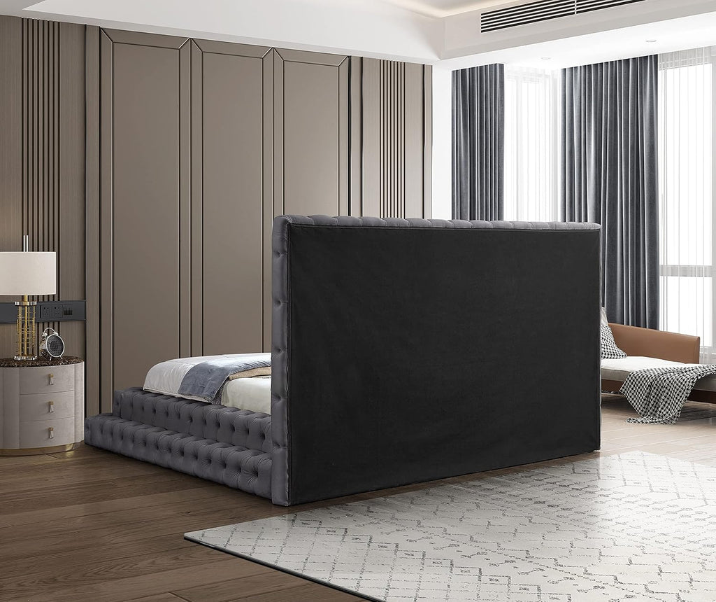 Meridian Furniture RevelGrey-K Revel Collection Modern | Contemporary Grey Velvet Upholstered Bed with Deep Button Tufting, 101' W x 98' D x 60' H, Grey, King