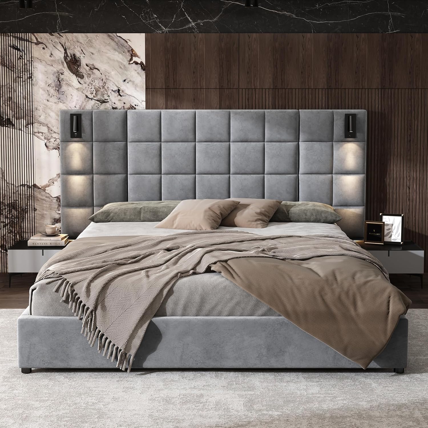 Christopher Knight Home Svens 46' High Headboard Bed, King Size Platform Bed Frame, Soft Velvet Bed Frame, King Size Headboard, Square Pattern Design with Reading Lamps and USB Ports, Grey