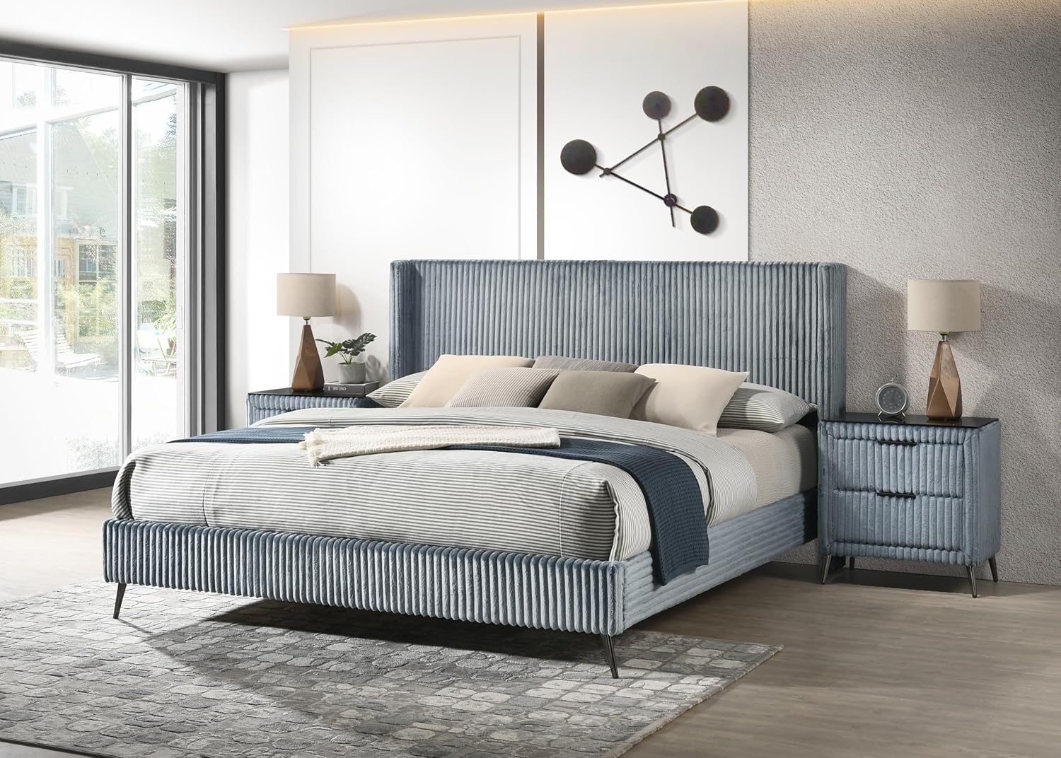 Roundhill Furniture Mavela Wide Wale Corduroy Upholstery Panel King Bed with 2 Nightstands, Blue