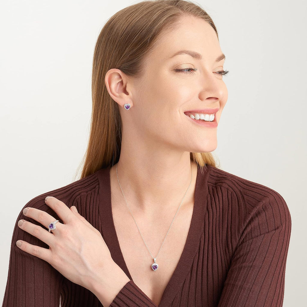 MORGAN & PAIGE .925 Sterling Silver Gemstones and White Sapphire Halo Heart Pendant Necklace, Ring and Stud Earrings for Women Set - Birthstone Jewelry Sets for Women, 18in Cable Chain, Size 7 Ring