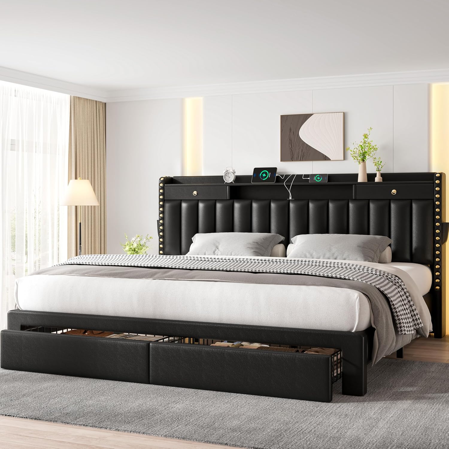 CypBed King Size Bed Frame with 2 Tier Storage Headboard, Upholstered King Bed Frame with 4-Storage Drawers, 3 USB & Type-C Charging Ports,Solid Wood Slats,No Box Spring Needed,Noise-Free, Black,Gift