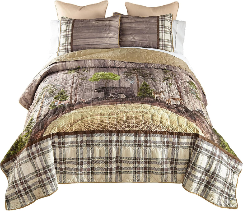 Donna Sharp Wildwood Lodge Polyester Quilt Bedding Set - 3-Piece Queen Size Quilt Set - Includes 90' x 90' Quilt and 20' x 36' Pillow Shams - Machine Washable