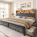 EnHomee King Size Bed Frame with 4 Drawers and Upholstered Storage Headboard,Wooden King Bed Frame with Charging Station and LED Lights,NO Noise,No Box Spring Needed,Gray