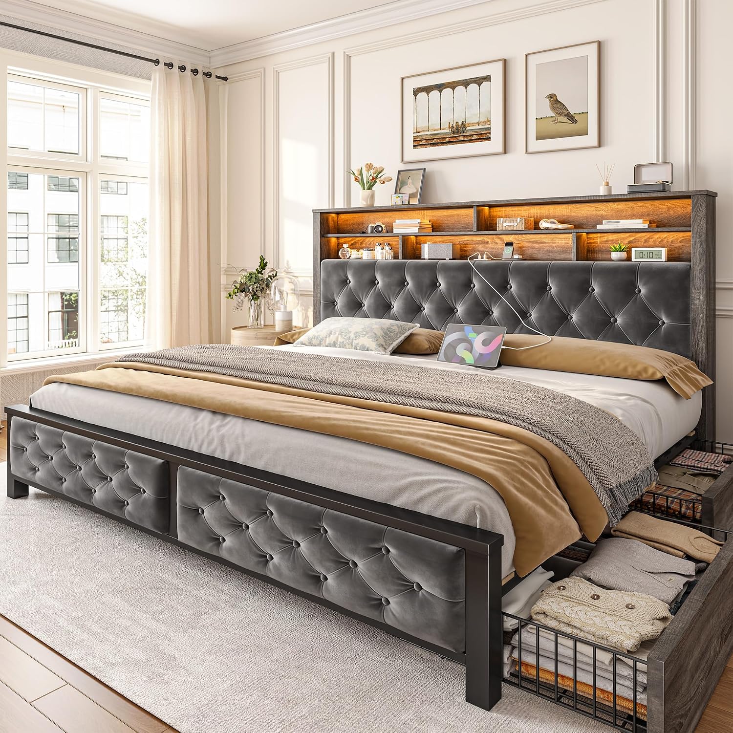 EnHomee King Size Bed Frame with 4 Drawers and Upholstered Storage Headboard,Wooden King Bed Frame with Charging Station and LED Lights,NO Noise,No Box Spring Needed,Gray