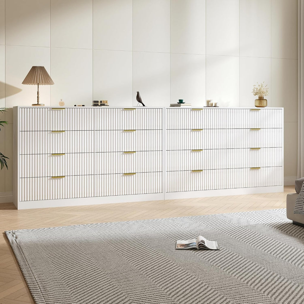 Dresser for Bedroom Set of 2, Fluted 16 Drawers White Dresser Wooden, Modern Bedroom Furniture Set, TV Stand Long Dressers & Chests of Drawers for Closet(15.7' D x 110.2' W x 36' H)