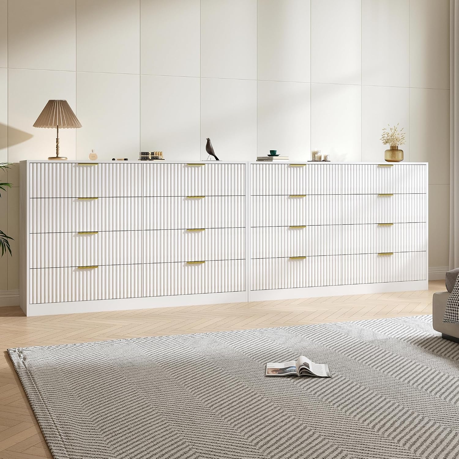 Dresser for Bedroom Set of 2, Fluted 16 Drawers White Dresser Wooden, Modern Bedroom Furniture Set, TV Stand Long Dressers & Chests of Drawers for Closet(15.7' D x 110.2' W x 36' H)