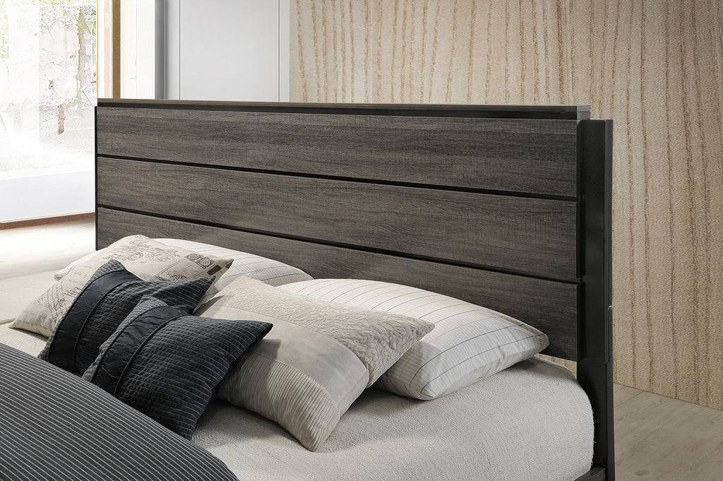 Roundhill Furniture Ioana 187 Antique Grey Finish Wood Bed Room Set, King Size Bed, Dresser, Mirror, 2 Night Stands, Chest