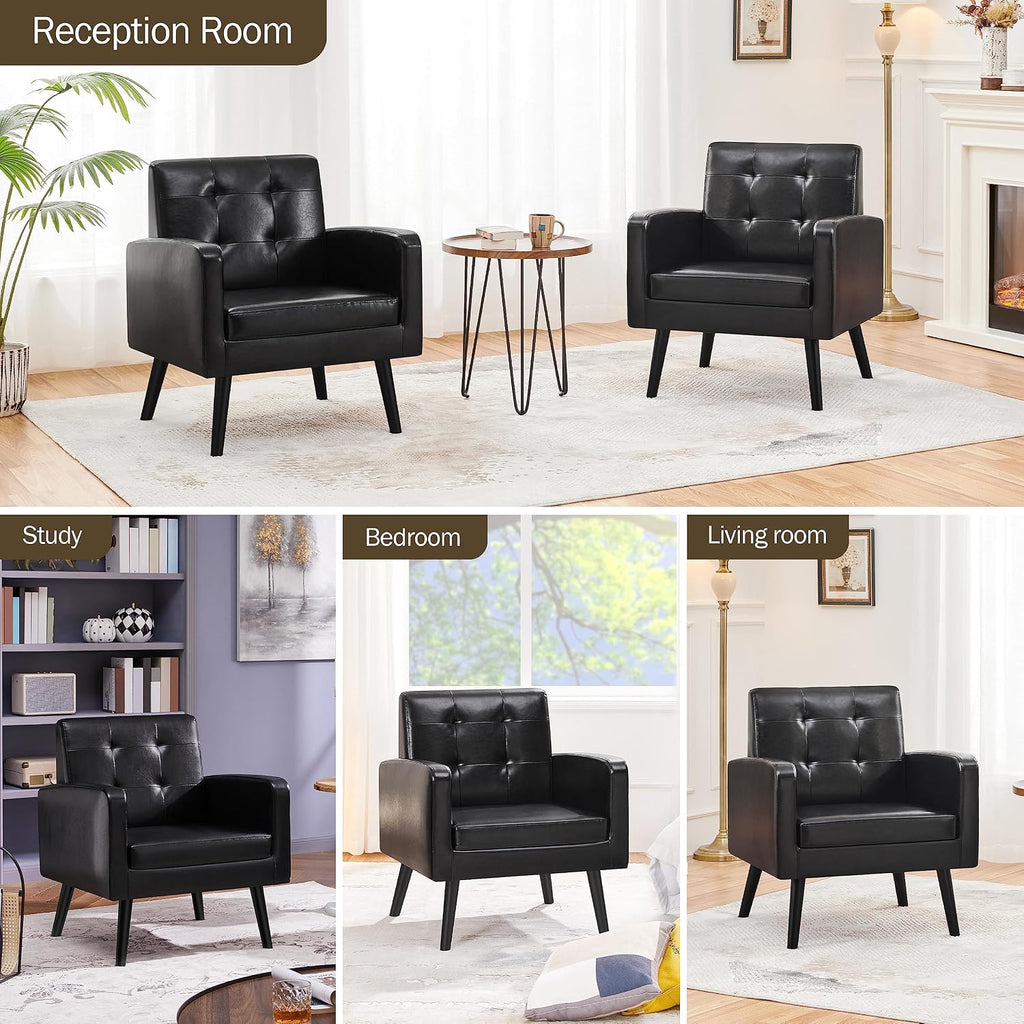 Yaheetech Mid-Century Accent Chairs, PU Leather Modern Upholstered Living Room Chair, Cozy Armchair Button Tufted Back and Wood Legs for Bedroom/Office/Cafe Black 2PCS