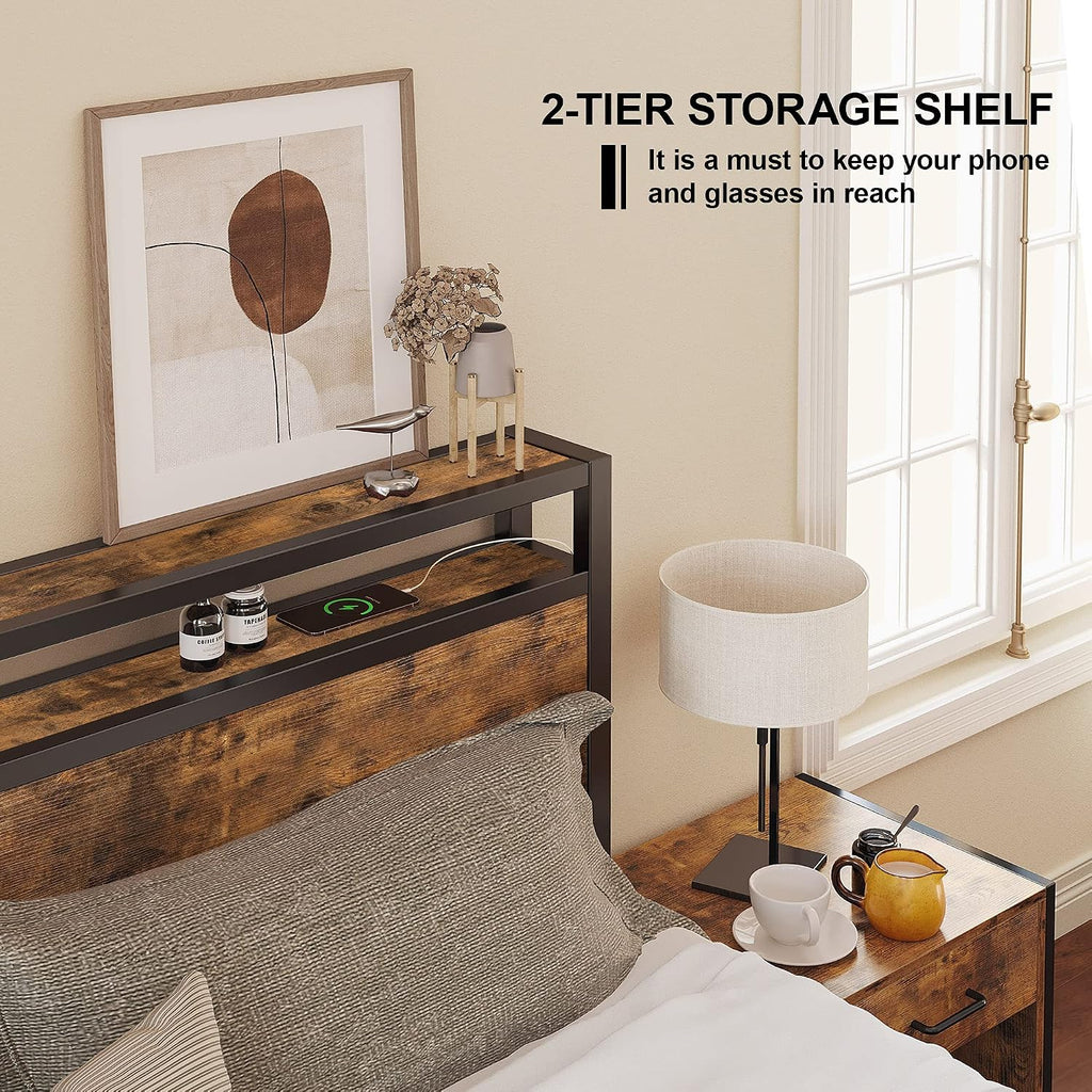 LIKIMIO Full Size Bed Frame, Platform Bed with 2-Tier Storage Headboard, Solid and Stable, Noise Free, No Box Spring Needed, Easy Assembly, Vintage Brown
