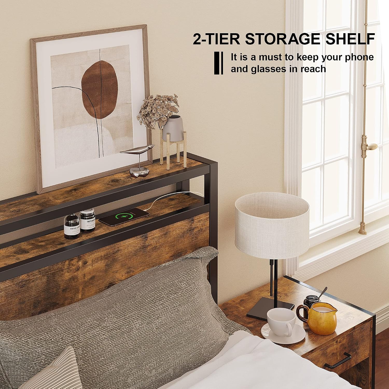 LIKIMIO Full Size Bed Frame, Platform Bed with 2-Tier Storage Headboard, Solid and Stable, Noise Free, No Box Spring Needed, Easy Assembly, Vintage Brown