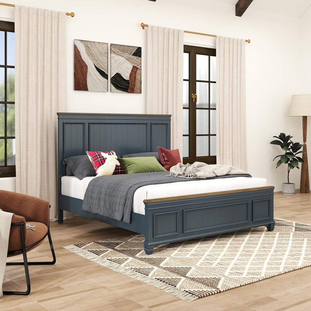 Roundhill Furniture Riverton Wood 3-Piece Bedroom Set, Shiplap Panel King Bed with 2 Nightstands in Slate Blue