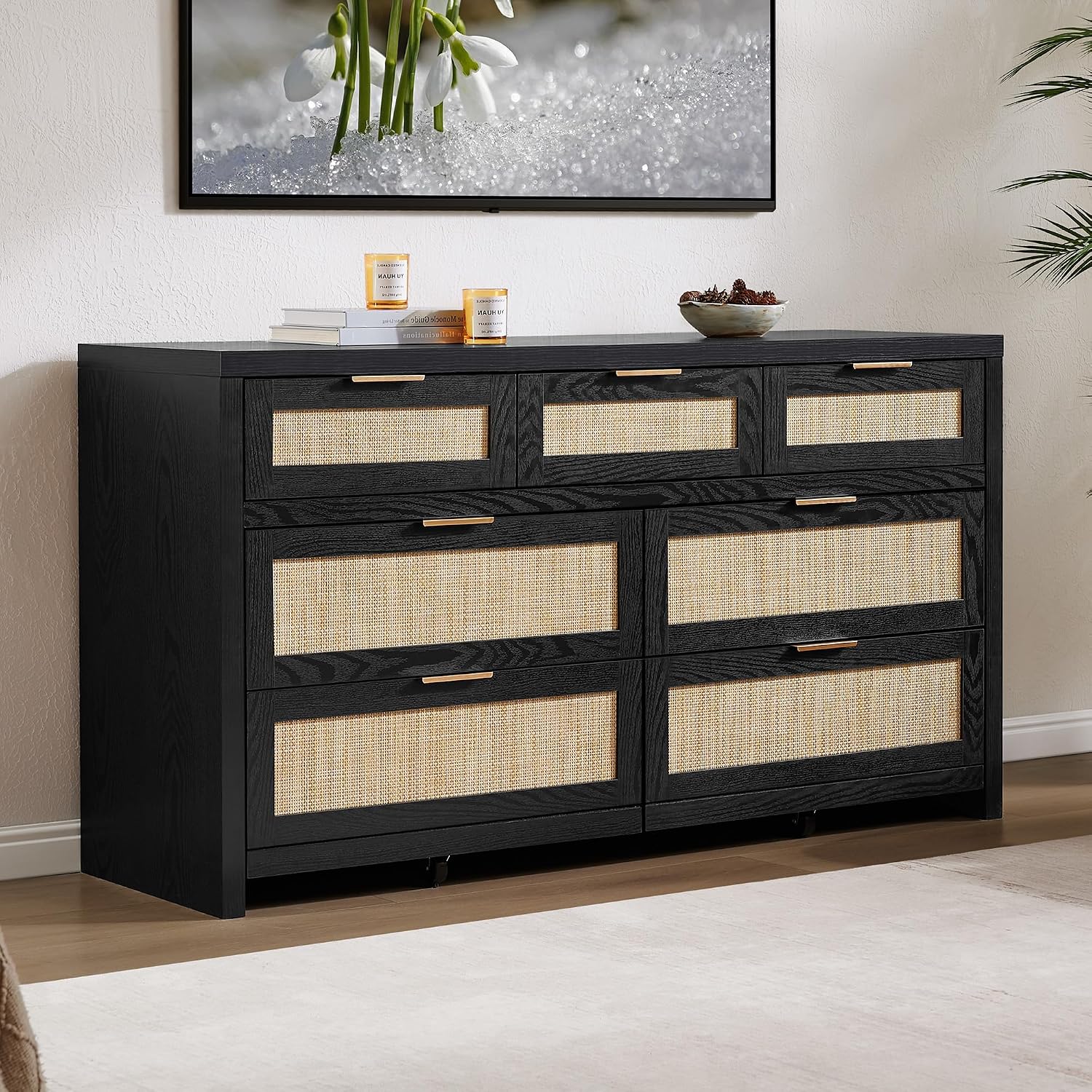SICOTAS 7 Drawer Dressers for Bedroom Set 2, Long Rattan Dresser, Dresser TV Stand, Closet Organizer Chest of Drawers, Clothes Storage Dressers (Black Oak, 7 Drawers (2 pcs))