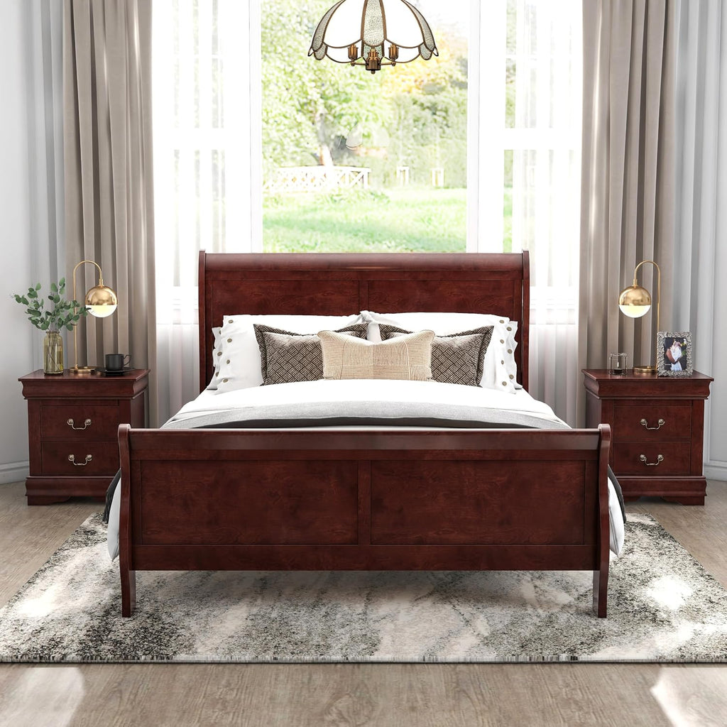 Furniture of America Louis Philippe Traditional Solid Wood 3 Piece Bedroom Set, Queen Bed Frame and Nightstands Set of 2, Sleigh Design Bedframe with Headboard and Footboard, Box Spring Needed, Cherry