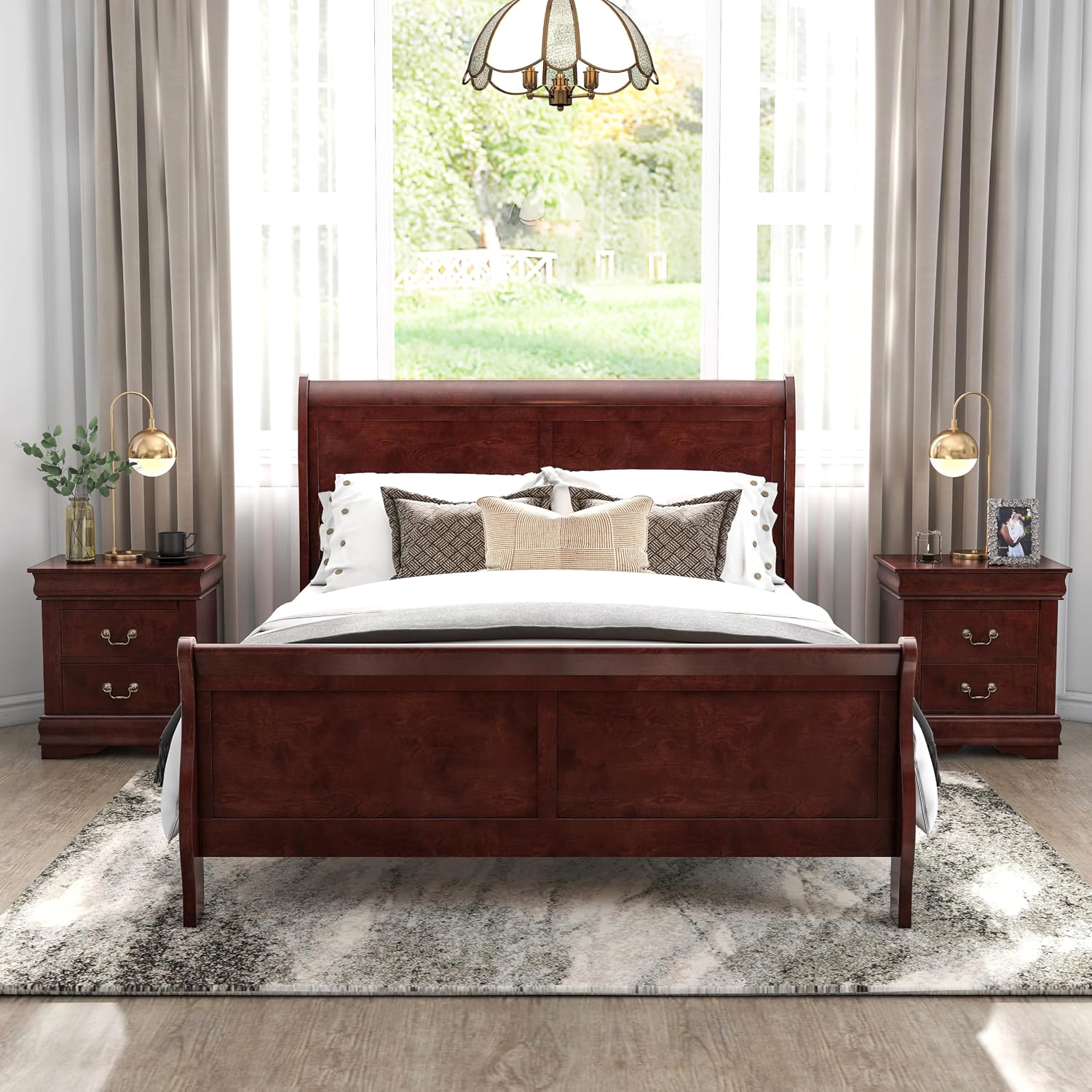 Furniture of America Louis Philippe Traditional Solid Wood 3 Piece Bedroom Set, Queen Bed Frame and Nightstands Set of 2, Sleigh Design Bedframe with Headboard and Footboard, Box Spring Needed, Cherry