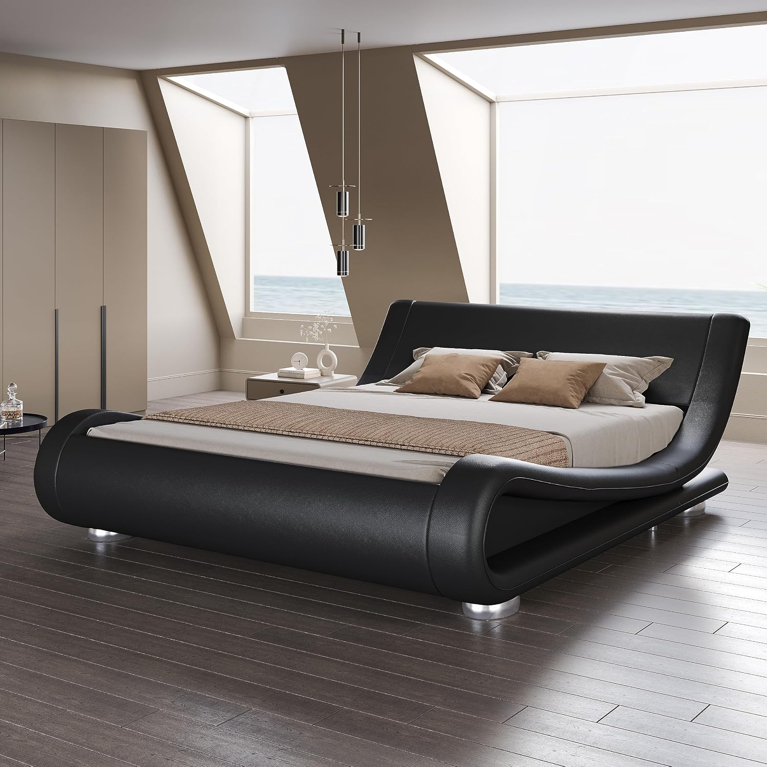 SHA CERLIN Queen Size Upholstered Bed Frame, Deluxe Low Profile Sleigh Bed with Faux Leather Ergonomics Headboard, No Box Spring Needed & Easy Assembly, Black
