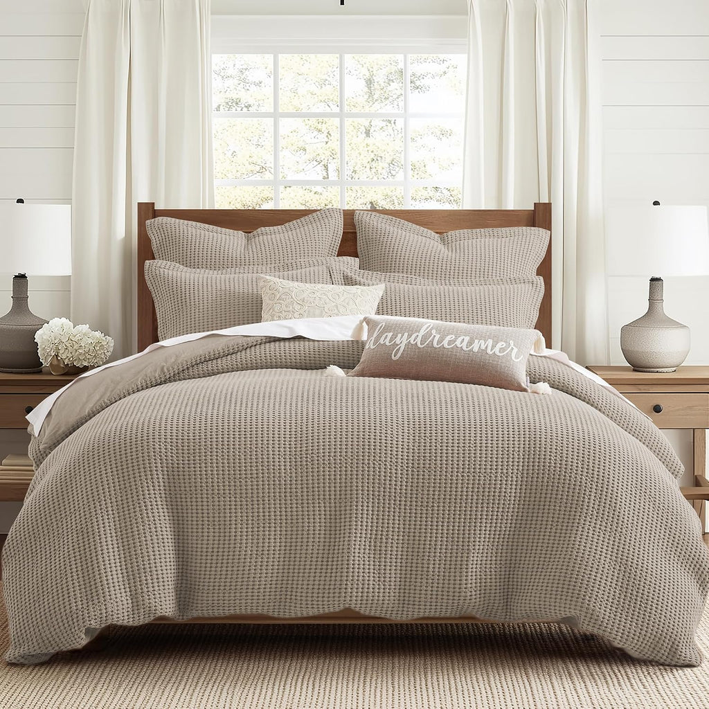 Levtex Home Mills Waffle Twin Duvet Cover Set (68x88in) with 1 Pillow Sham (26x20in) - Beige Fawn - 100% Cotton Twin Size Duvet Cover Set - Soft, Pre-Washed