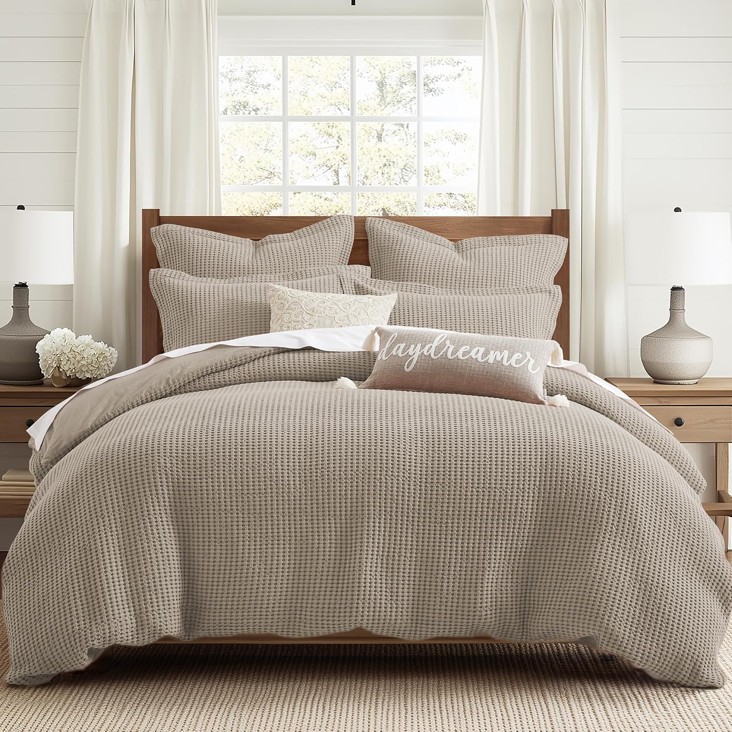 Levtex Home Mills Waffle Queen Duvet Cover Set (90x94in) with 2 Pillow Shams (26x20in) - Beige Fawn - 100% Cotton Queen Size Duvet Cover Set - Soft, Pre-Washed