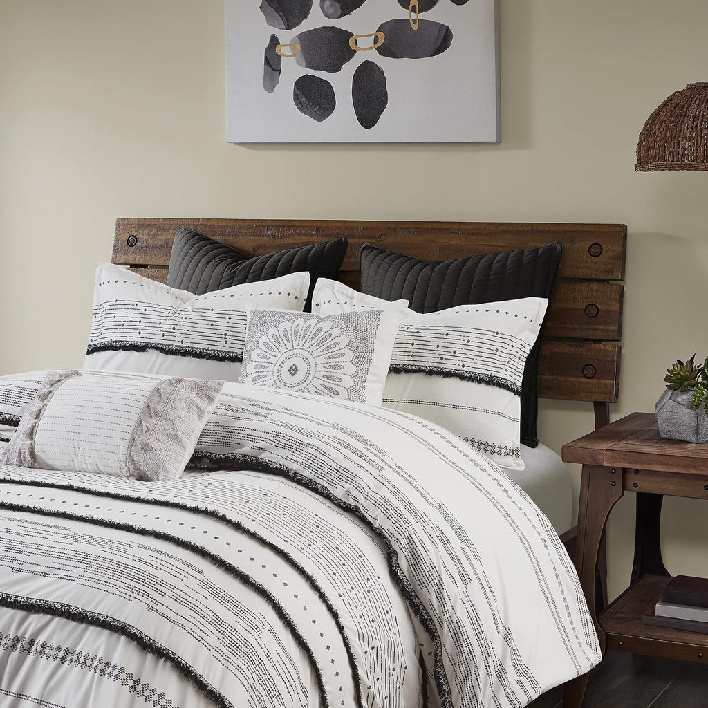 INK+IVY Luxurious Cotton-Bedding Set - Mid Century Trendy Geometric Design, All Season Cozy-Cover With Matching-Shams, King/Cal King, Nea Trims Black/Multi