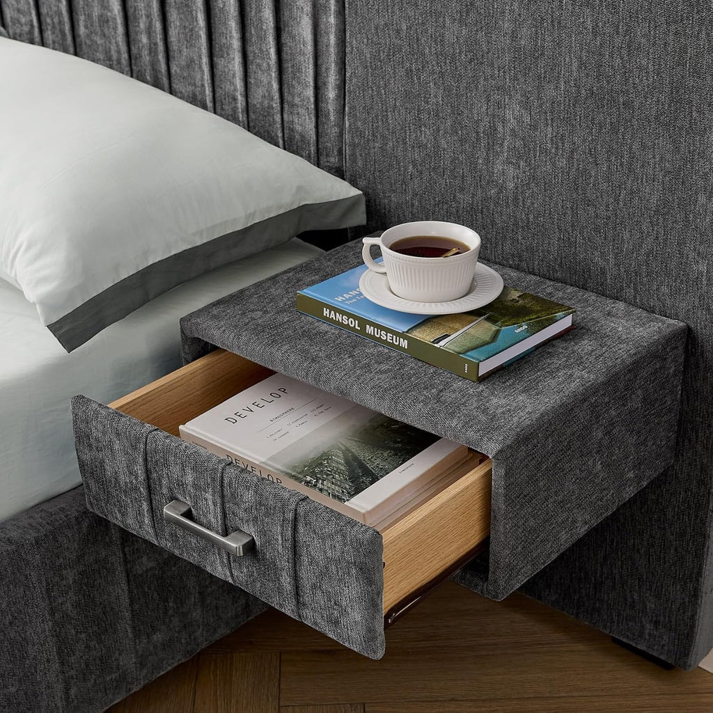 KEIKI Queen Size Chenille Bed Frame with 2 Nightstands, Lamps & Oversize Headboard, Solid Wood Frame Platform Night Stand Bedroom Set, Upholstered Floor Grounded Bed, No Box Spring Needed, Dark Grey