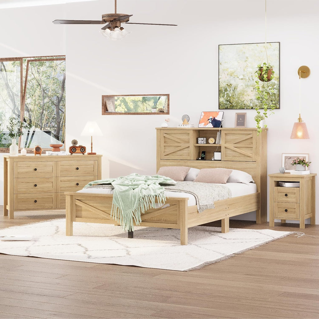 Merax 3-Pieces Bedroom Sets, Farmhouse Platform Bed, Storage Nightstand and Dresser, Bedframe with Double Sliding Door Storage Headboard and Charging Station, Natural, Full Size
