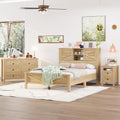 Merax 3-Pieces Bedroom Sets, Farmhouse Platform Bed, Storage Nightstand and Dresser, Bedframe with Double Sliding Door Storage Headboard and Charging Station, Natural, Full Size