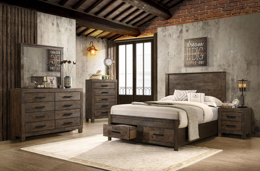 Coaster Home Furnishings Woodmont Farmhouse 5-Piece Bedroom Set California King Size Storage Panel Bed Frame 54-inch Headboard Rustic Golden Brown 222631KW-S5