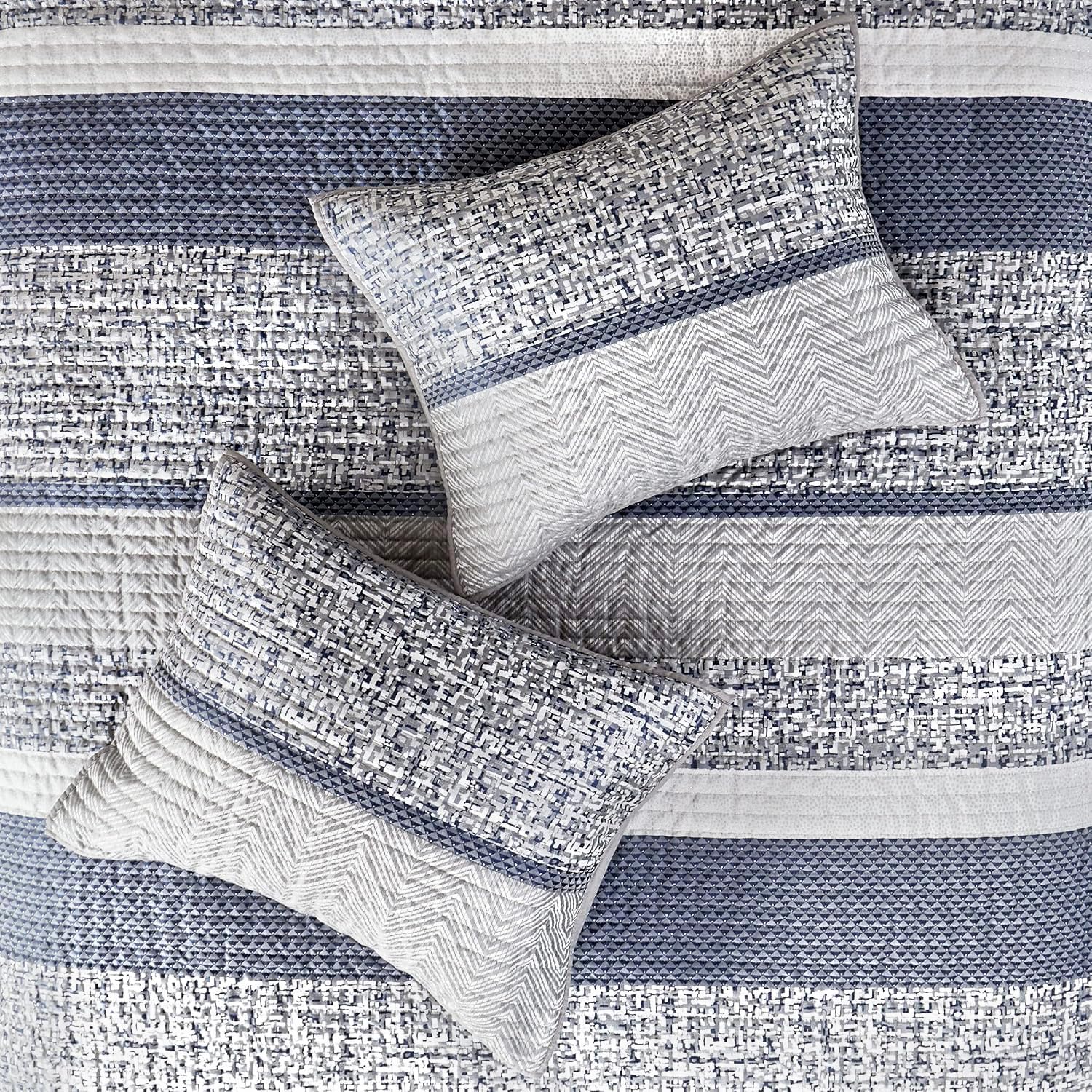 Madison Park Queen Quilt Set Lustrous Jacquard & Glitter Accent Coverlet Set for Queen Size Bed - All Season, Lightweight Queen Quilt Set, Shams, Decorative Pillow, Full/Queen Chevron Grey/Navy