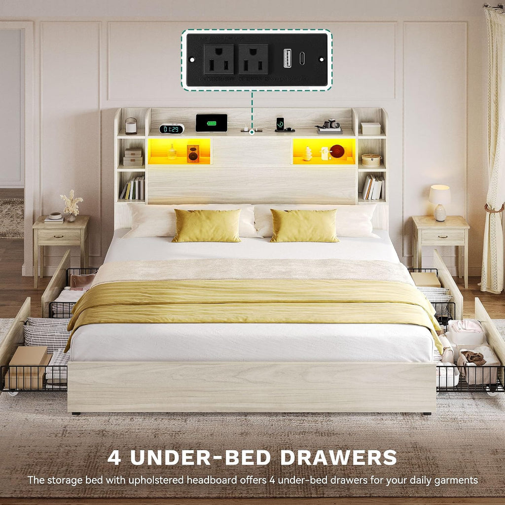 DWVO King Size Bed Frame with Bookcase Headboard and 4 Storage Drawers, RGB LED Bed Frame with Type-C & USB Charging Station Storage Headboard Bed, No Box Spring Needed, Noise Free, Antique White