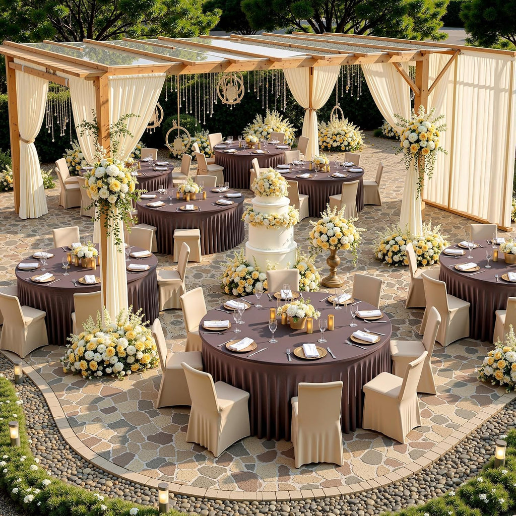 NSSONBEN 6 pk Brown Spandex Round Table Cloths for 60inch Table, Wrinkle Free 120inch Stretchy Fitted 5ft Round Table Covers with Skirt for Wedding Birthday Graduation Parties Banquet Events