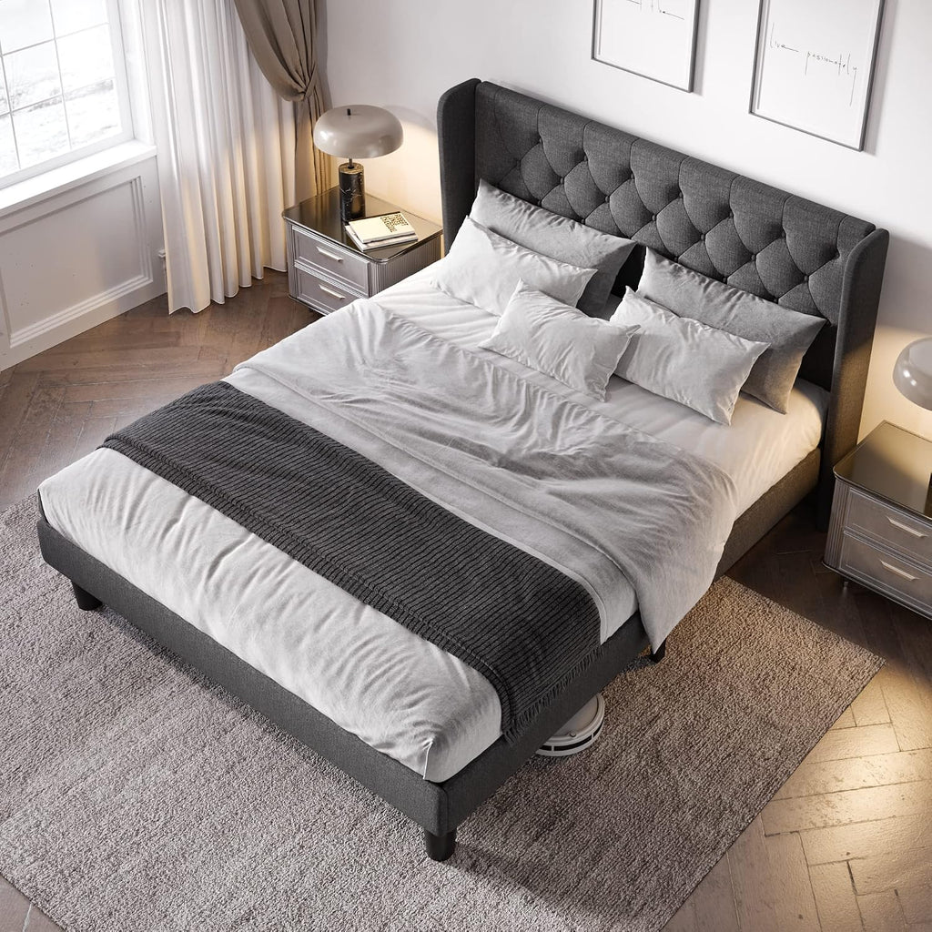 Allewie Full Size Bed Frame with Button Tufted Wingback Headboard, Modern Fabric Upholstered Platform Bed Frame with Strong Wood Slat Support, No Box Spring Needed, Easy Assembly, Dark Grey