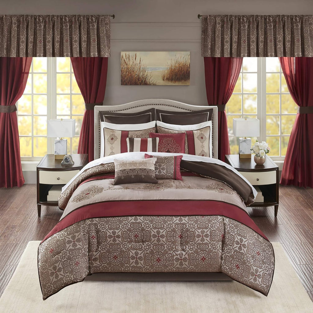Madison Park Essentials Delaney 24-Piece Room In A Bag Comforter Set-Satin Jacquard, All Season Luxury Bedding, Sheets, decorative pillows and Curtains, Valance, King(104'x92'), Medallion Red