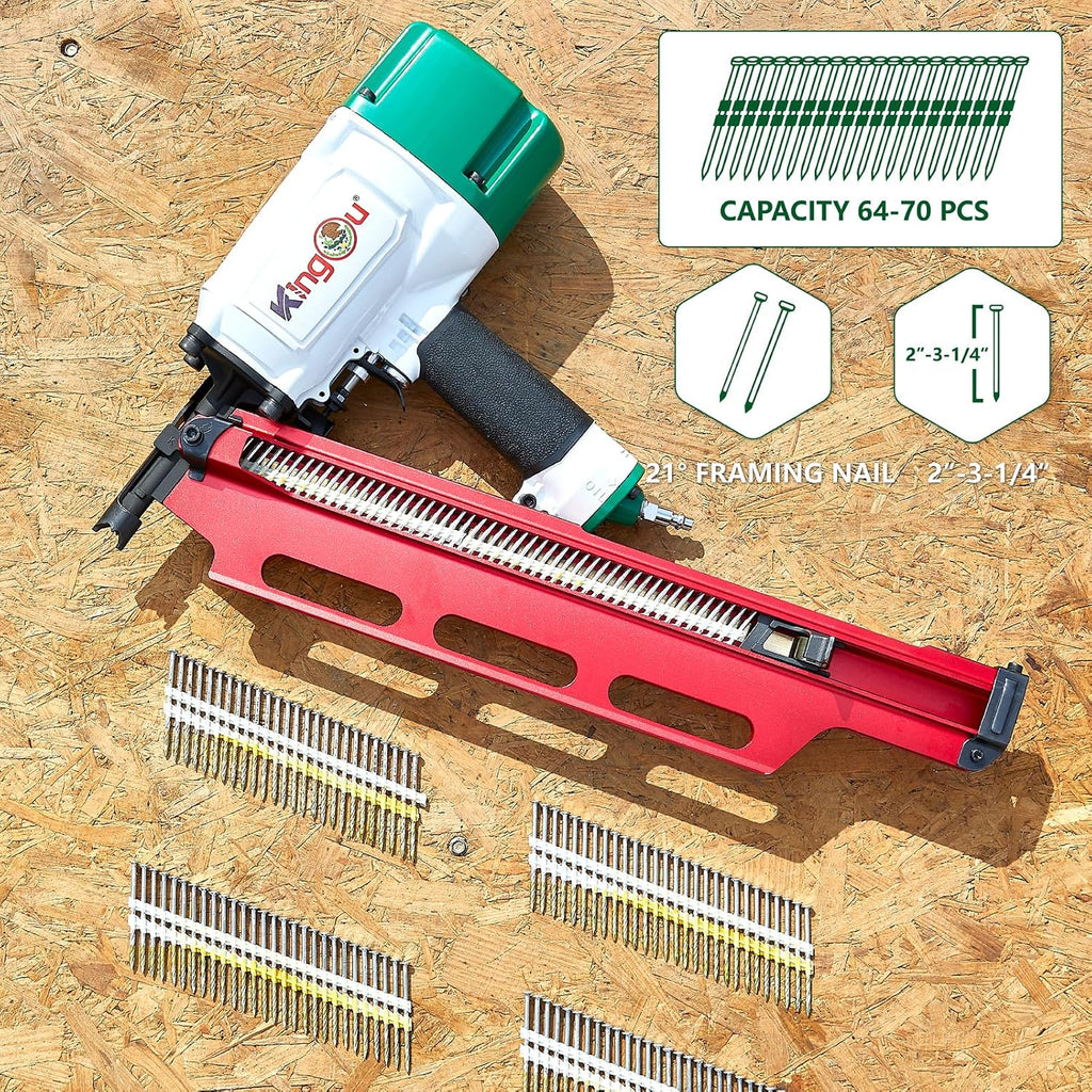 KingOu Mexican Style 21 Degree NR2183M Light Weight (7.8lb) Framing Nailer, Pneumatic Framing Nail Gun with Aluminum Magazine, 2-Inch up to 3-1/4-Inch Plastic Collated Full Head Framing Nails