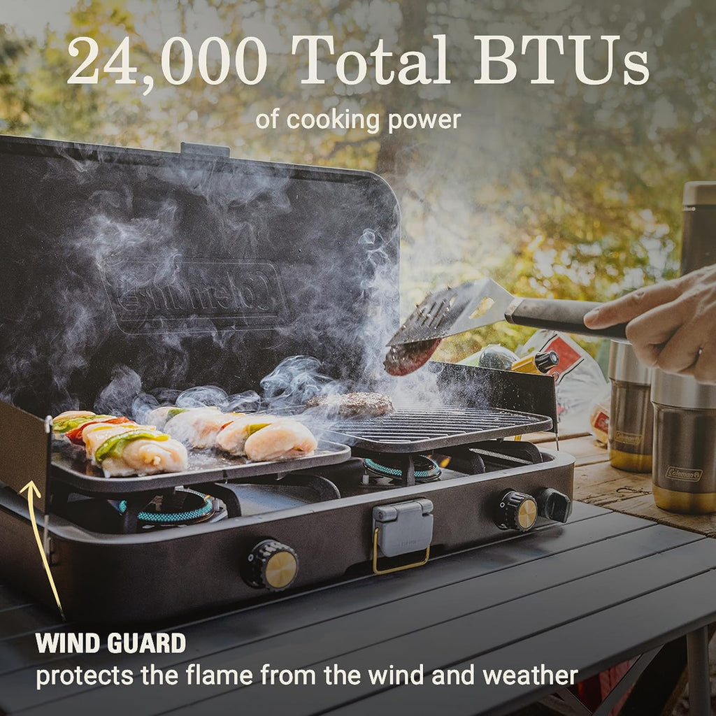 Coleman 1900 Collection 3-in-1 Propane Camping Stove, Cast Iron Grill & Griddle Accessories Included, 24,000 BTUs Across 2 Adjustable Burners with Wind Guards & Matchless Lighting