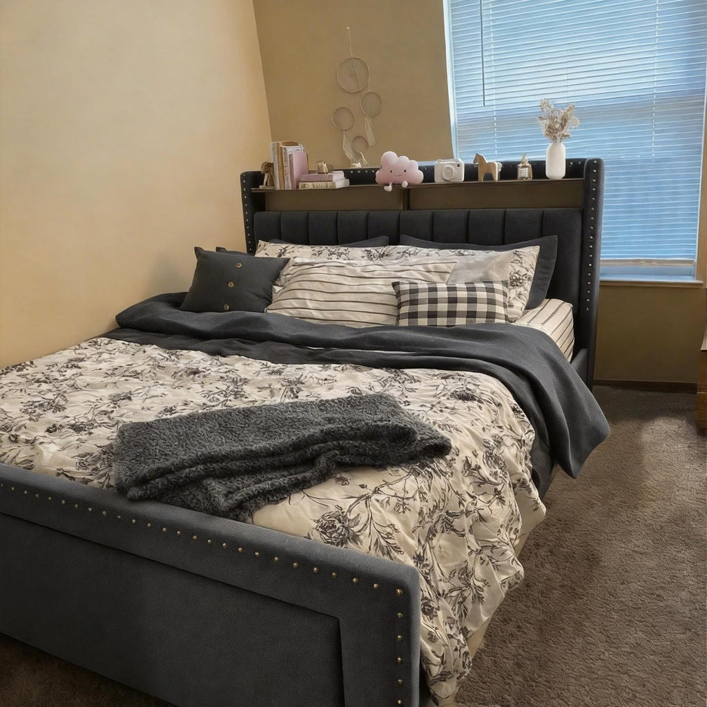 EnHomee Full Size Upholstered Bed Frame with 2 Storage Drawers and 2-Tier Headboard, Vertical Tufted Headboard Design, Extra Storage Space for Bedroom Apartment, Grey