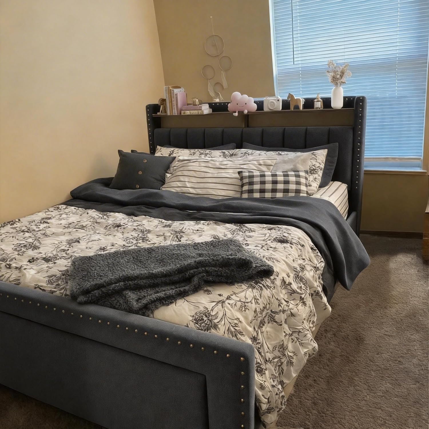 EnHomee Full Size Upholstered Bed Frame with 2 Storage Drawers and 2-Tier Headboard, Vertical Tufted Headboard Design, Extra Storage Space for Bedroom Apartment, Grey