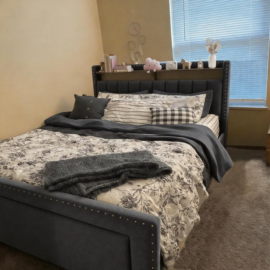 EnHomee Twin Fabric Upholstered Bed Frame with 2-Tier Vertical Channel Tufted Headboard and 2 Storage Drawers, Extra Storage Space for Bedroom Apartment,Grey